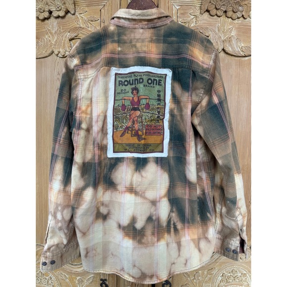 Upcycled Flannel Shirt M Firecracker Graphic Folk Art One of One - Picture 7 of 9
